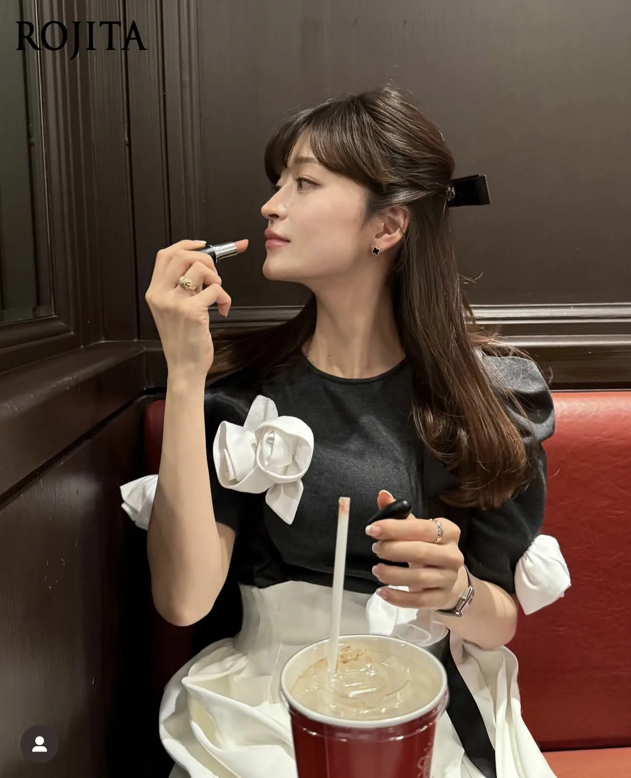 Elegant Black Blouse with 3D Handmade White Floral Decor Puff Short Sleeve Back‑Zip Slim Women Party Shirt