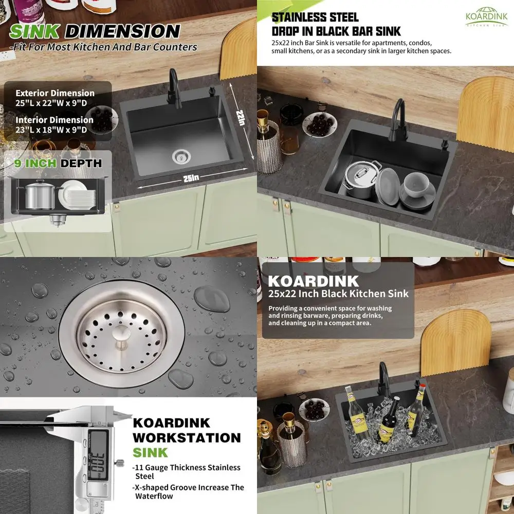 

Мойка для бара из нержавеющей стали 25x22 дюйма, одинарная, встраиваемая, с силиконовым ковриком и набором сливных фильтров, совместима с различными кухонными системами