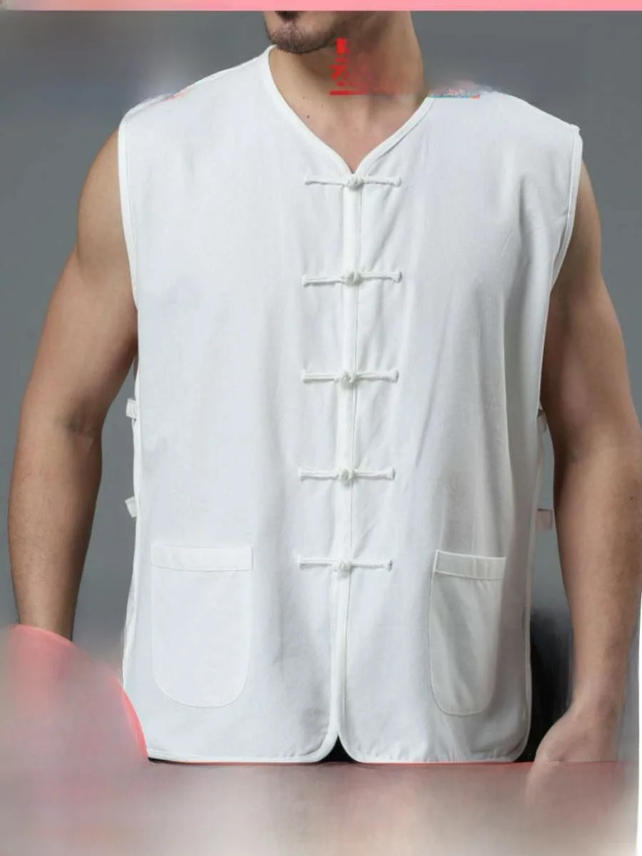 Loose Men's Chinese Style Vest Summer Shoulder Pad Button up Senior Casual Shirt Open Back Tank Top Striped Design Thin Material
