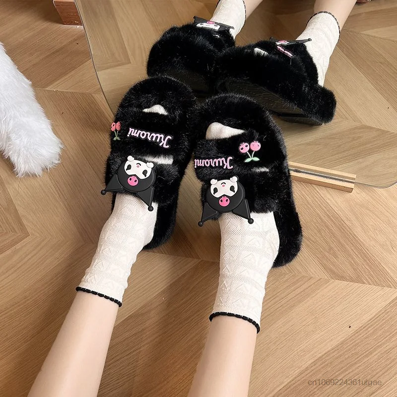 Sanrio Kuromi Plush Shoes Women Outdoor New Thick Sole Fuzzy Slippers Anti Slip Y2k Female Cartoon Korean Style Fashion Slippers