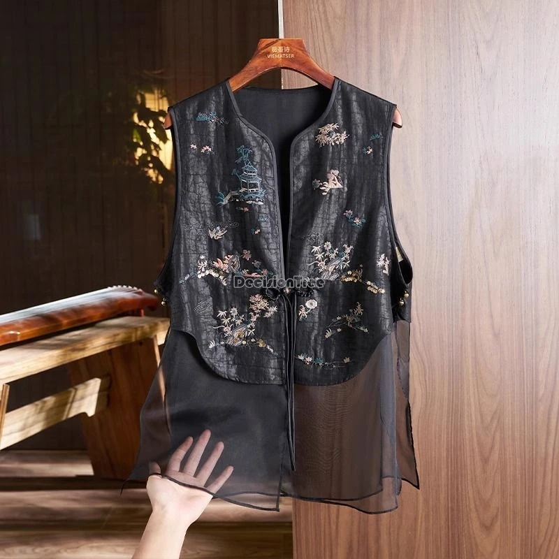 

2025 new chinese improved style embroidered flower vest waistcoat for women sleeveless patchwork design yarn tang suit vest t001