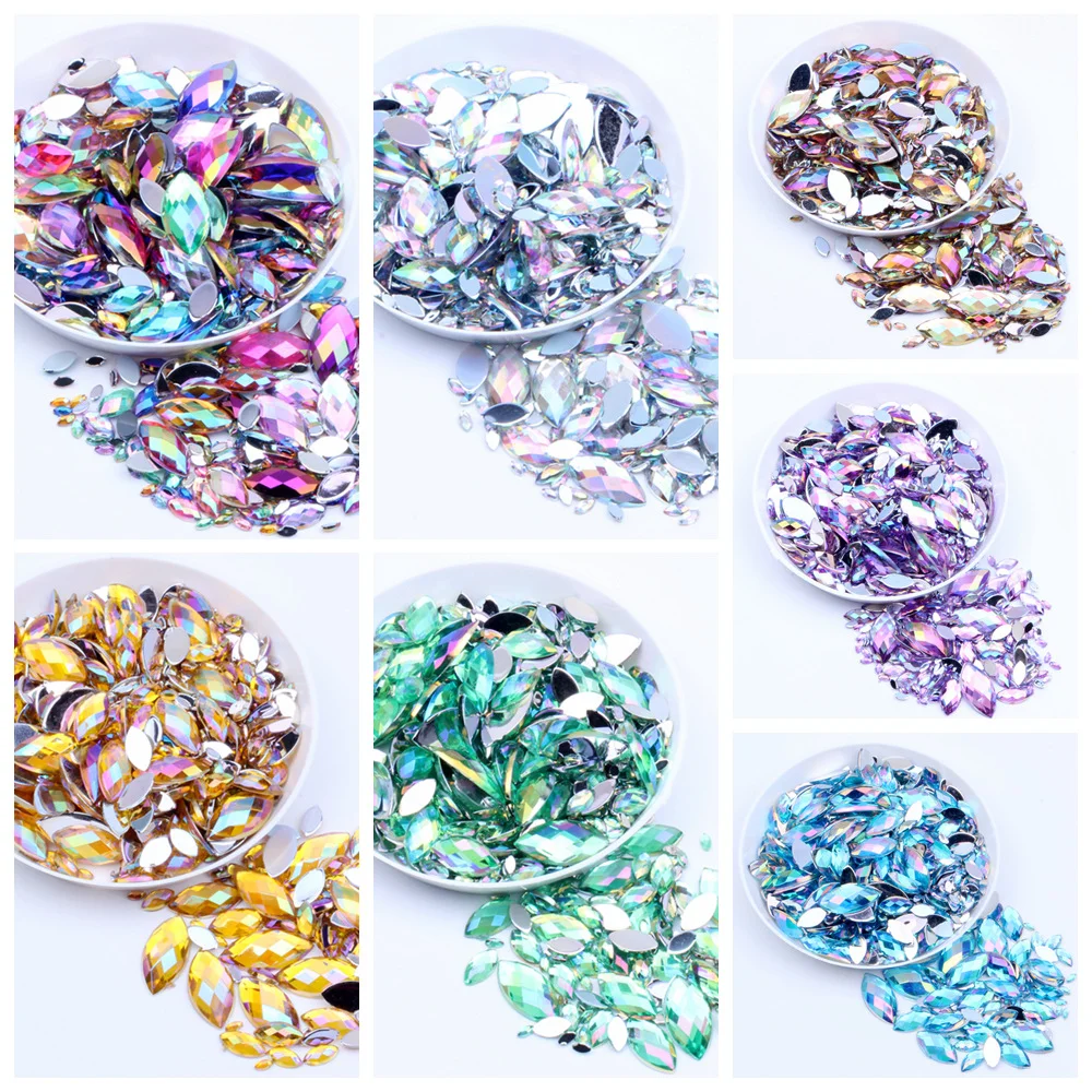Multi Size Acrylic Rhinestones Horse Eye Crystal AB Flat Back 3D Non HotFix Nail Art Decoration for DIY Wedding Crafts