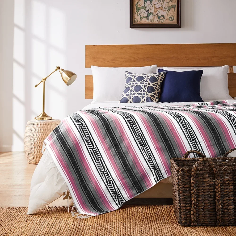 Mexican Beach Blanket, Multi Use Striped Handmade Woven Towel, Tassels Throw Rug for Sofa Bed, Home Picnic Mat, 130x170cm