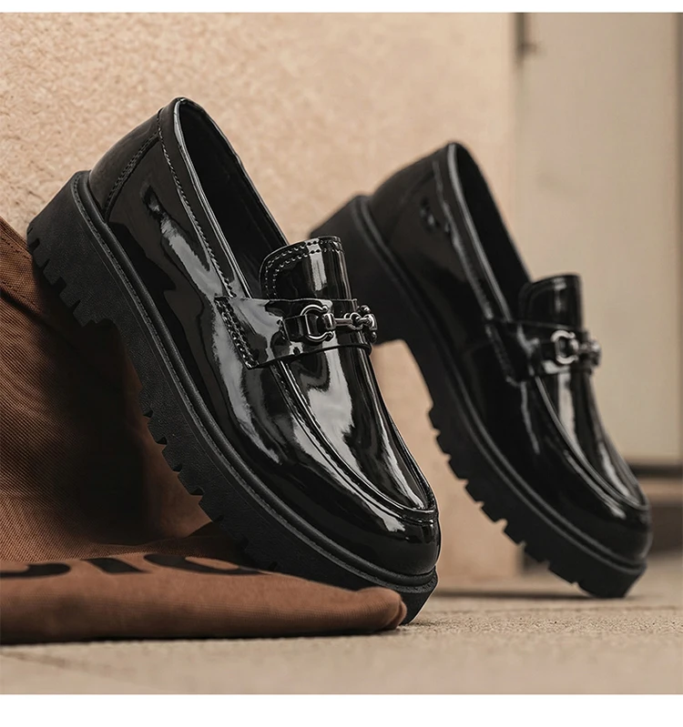 Herren-Loafer mit dicker Sohle, Metallschnalle, Slip-On-Lederschuhe, rutschfeste Plateau-Freizeitschuhe für Büro, Alltag und Party – Detail 17