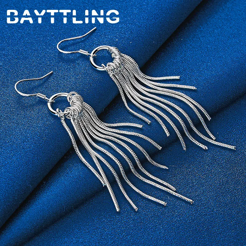 

Charm 925 Sterling Silver 65MM Long Tassel Chain Earrings For Women Fashion Wedding Girlfriend Gift Jewelry Accessories Party