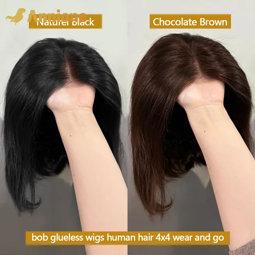 Imagen 1 del producto Peluca Bob sin pegamento cabello humano listo para usar 4X4 peluca de cabello humano liso brasileño marrón Chocolate con encaje frontal pelucas de cabello humano 100%