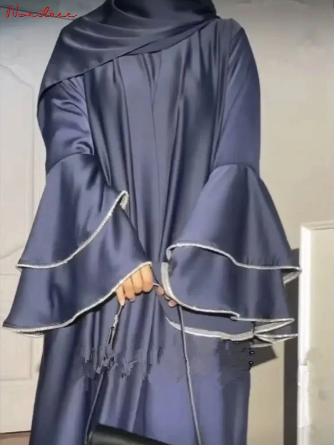 Latest Big Flare Sleeved Diamond Beading Muslim Abaya Female Full length Silky Islamic Robe Worship Service Muslim Sets wy1959