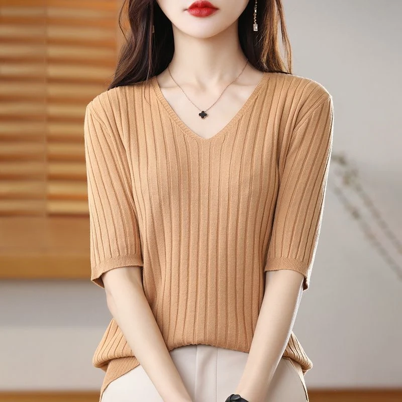 

Elegant Fashion Simple Sweet Soft Rib Knitwear Women Casual V Neck Short Sleeve Slim Knitted Sweater Pullover Ladies Basic Tops