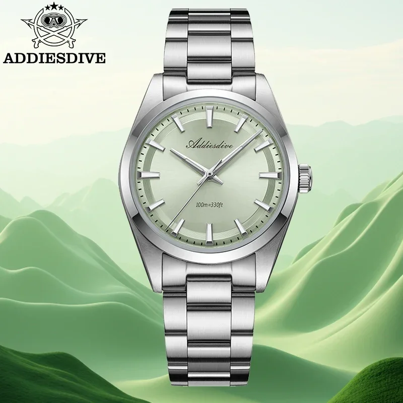 ADDIESDIVE Watch For Men New 36mm Mint Green Quartz Wristwatch 100m Waterproof BGW9 Luminous Stainless Steel Leisure VH31 Watch