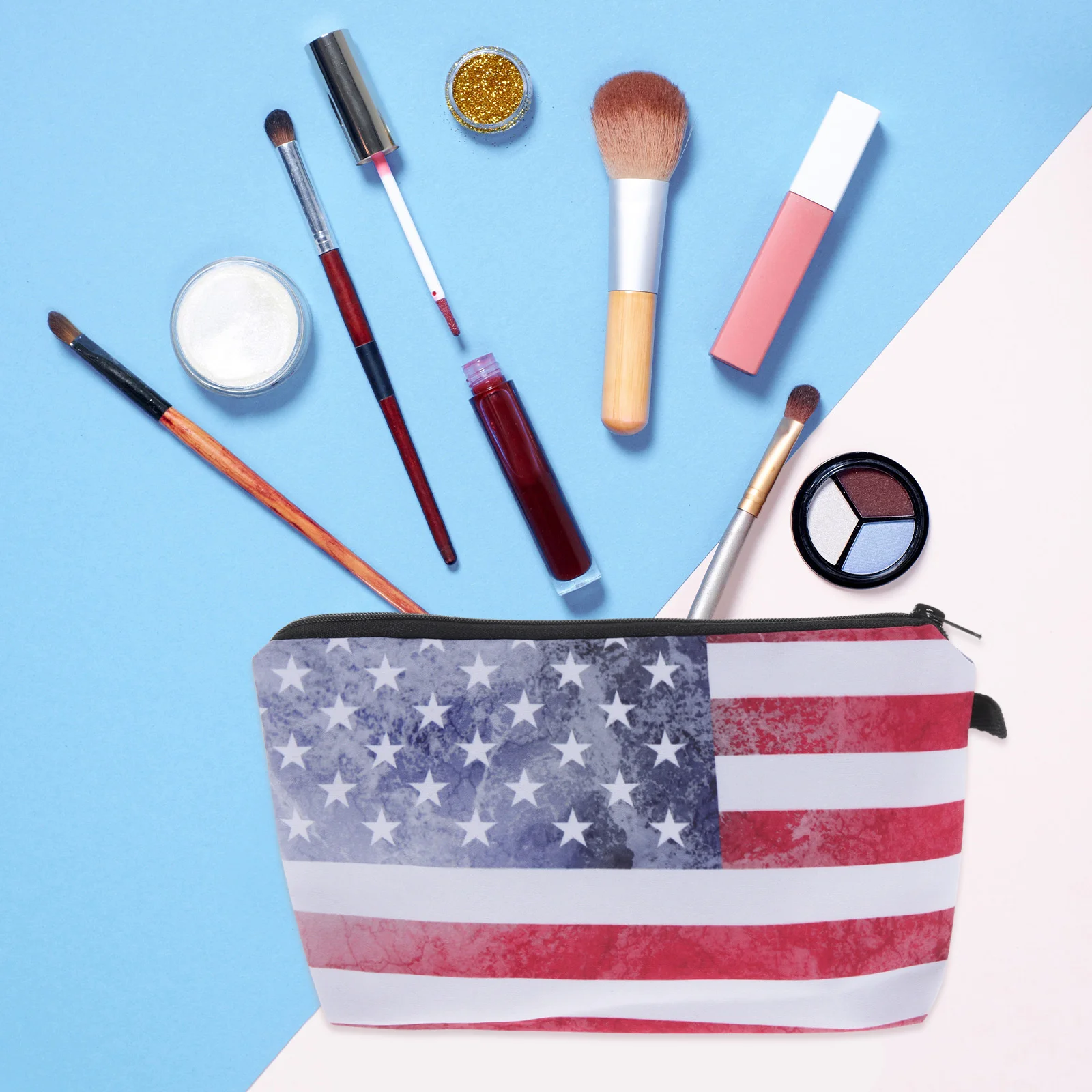 

American Flag Pattern Pencil Bag Portable Cosmetics Organizer Durable Polyester Multi-Function Pen Case Retro Design Washable