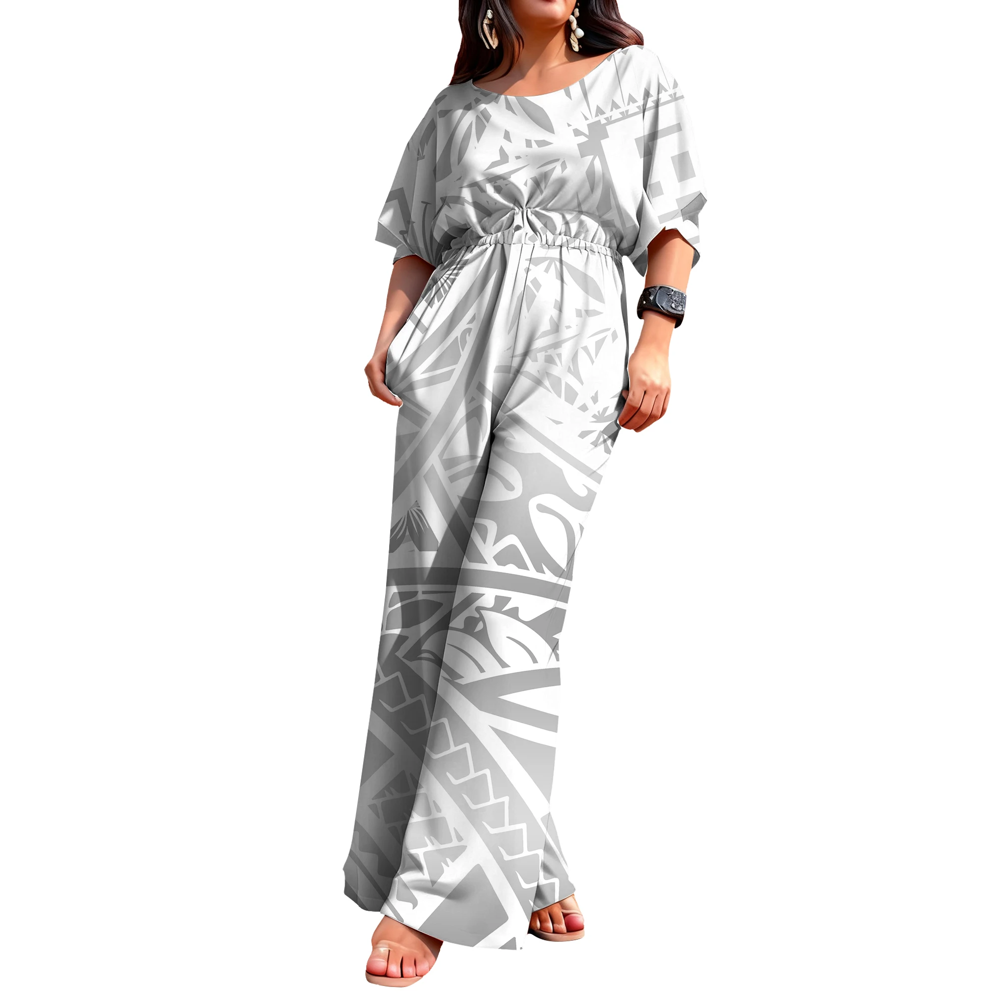 

Samoan Floral Print Custom Women'S Jumpsuit With A Cinched Waist Round Neck And Mid-Sleeve Design Elegant Polynesian Clothing