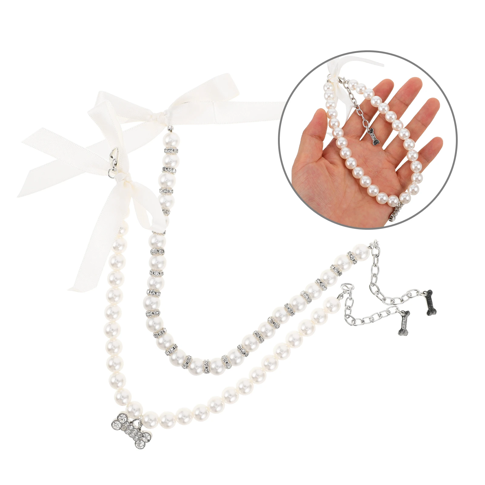 

2 Pcs Pet Decorative Collar Cat Necklace Bow Pendant Dog Pearls Plastic Bones Costume