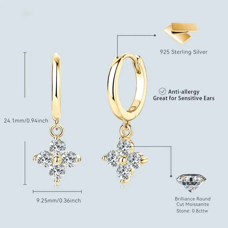 Ehhai معتمد 3 مللي متر مويسانيتي مستدير أربع أوراق البرسيم هوب أقراط للنساء S925 فضة غرامة مجوهرات هدايا Pendientes