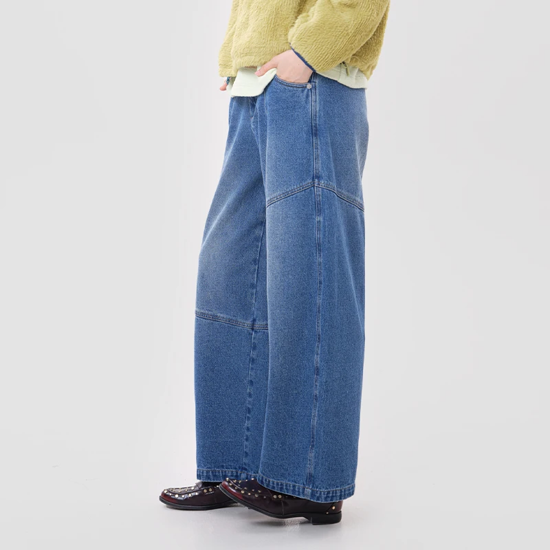 MOVEUP 100% Cotton Straight Denim Jeans 2026 Winter Elastic Back Waist Multi Pocket Loose Casual Wide Leg Trousers 3ELD40311