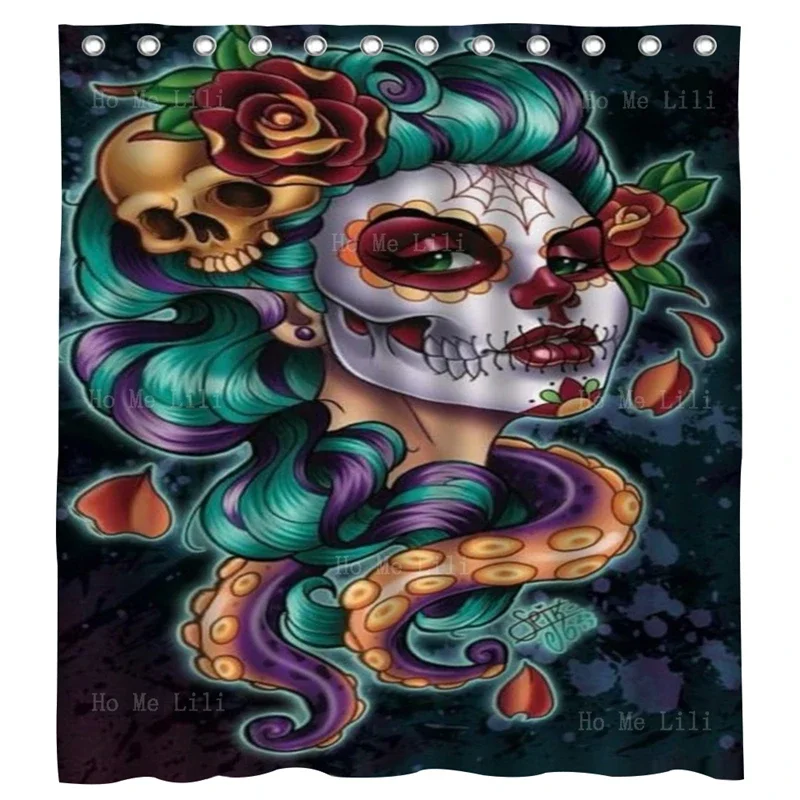 Sugar Skull Couple Halloween Mask Beauty Day Of The Dead Girl Guns N Roses Rock And Roll Gothic Shower Curtain By Ho Me Lili