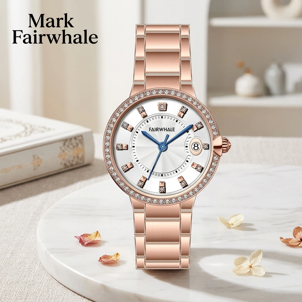 Fashion Female Quartz Watch Mark Fairwhale Luxury Round Radial Dial Bling Crystal Bezel Steel Bracelet Ladies Wristwatch