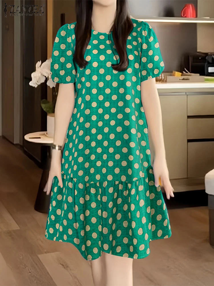 ZANZEA Sommerkleid für Damen, 2025, elegante Puffärmel, gepunktete Kleider, stilvoll, knielang, Robe, lässig, Urlaub, Party, Sommerkleid