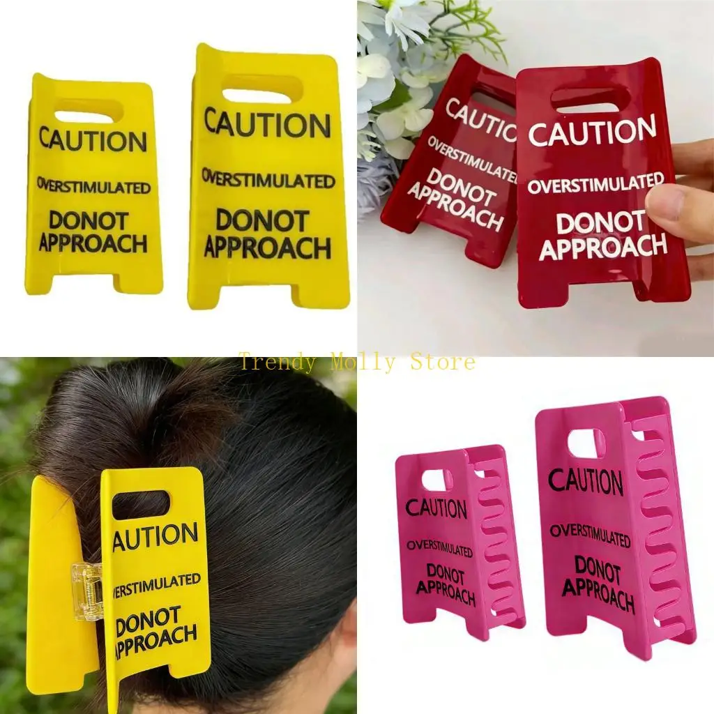 

N5KB Popular Caution Sign Hair Claw Clip Overstimulated Design Ponytail Holder 2PCS