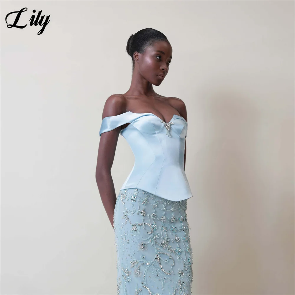 Lily Blue Evening Dress Off Shoulder Satin Prom Dresses Beaded Hem Party Formal Gown Mermaid robe de bal for Woman Customized