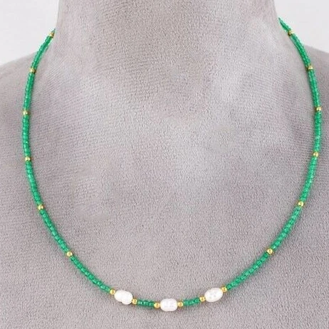 Natural Peral & Green Onyx 2 Multi Faceted Round Gemstone Beaded Necklaces 18''