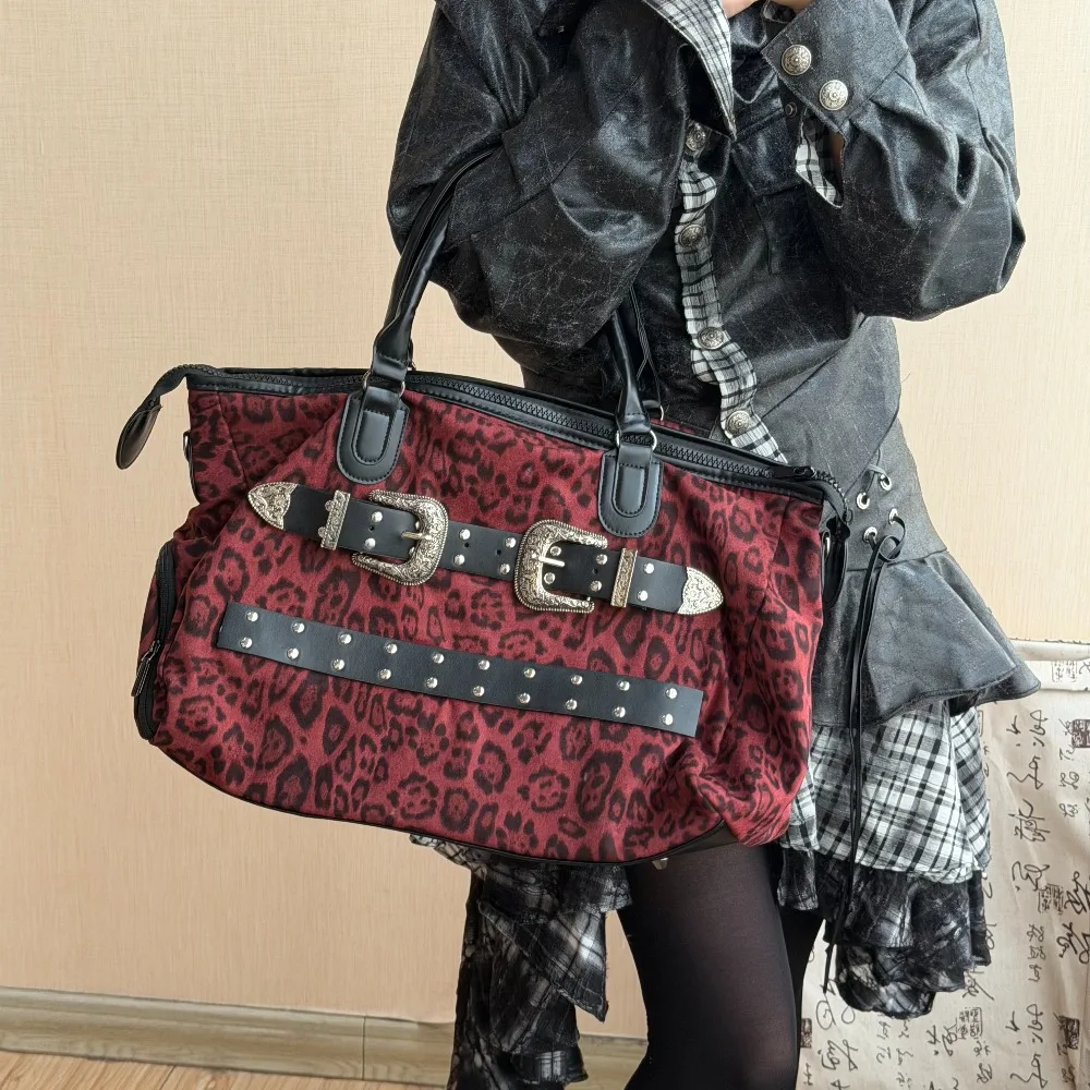 

Original Red Leopard Print Handbag Rivet Punk Shoulder Bag Double Buckle Travel Bags Personalized Fashion Shoulder Bag