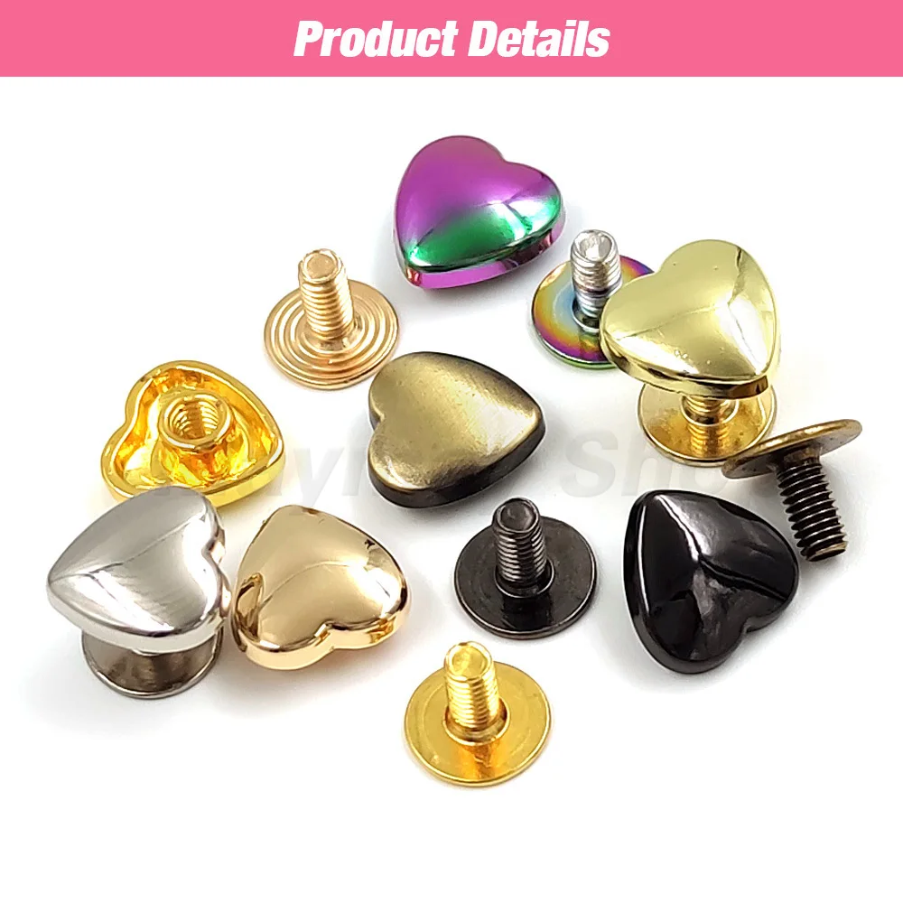 10Set 10/14mm Heart Shape Metal Screwback Rivet Screw Studs Nail For Leathercarft Decoration Garment Belt Wallet Bag Accessories