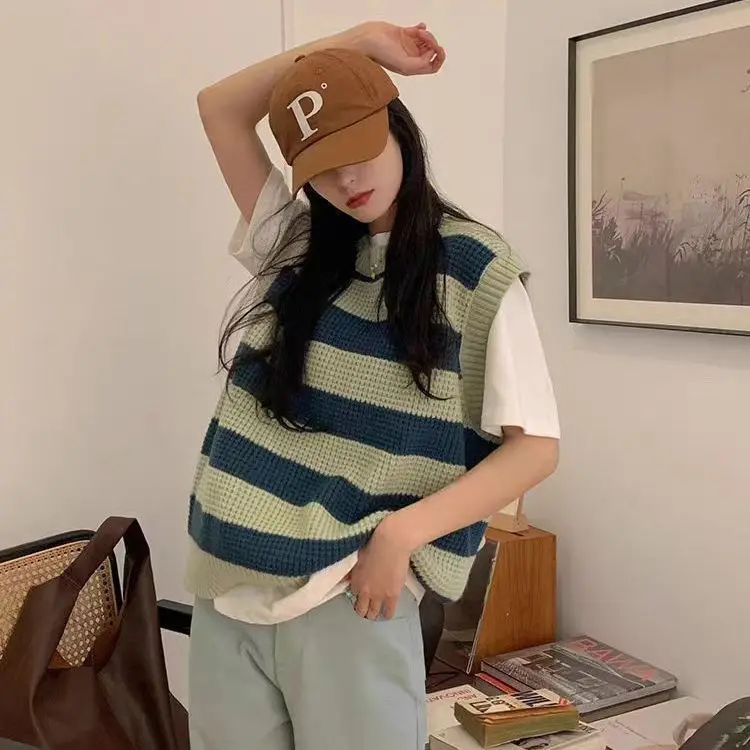 

French Style Vintage Lazy Stripe Vest Loose Knit Sleeveless Top Spring Autumn Casual Chic Cardigan