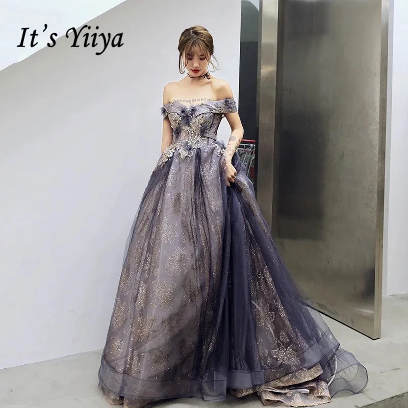 

It's Yiiya Evening Dresses Purple Glitters Off Shoulder A-line Floor length Plus size Party Formal Gown Robe De Soiree Vestidos