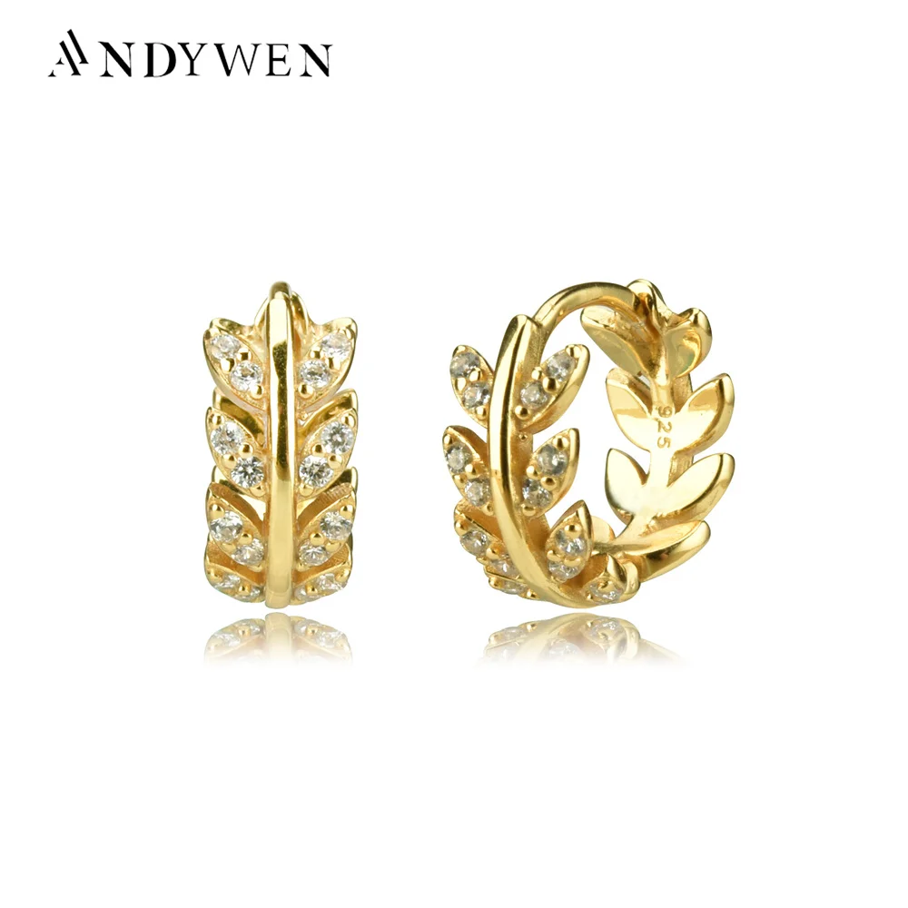 ANDYWEN 925 Sterling Silver 8.5mm Leaves Huggies Middle Hoops Loops Round Luxury Earring Ring Piercing Crystal CZ Women Jewelry