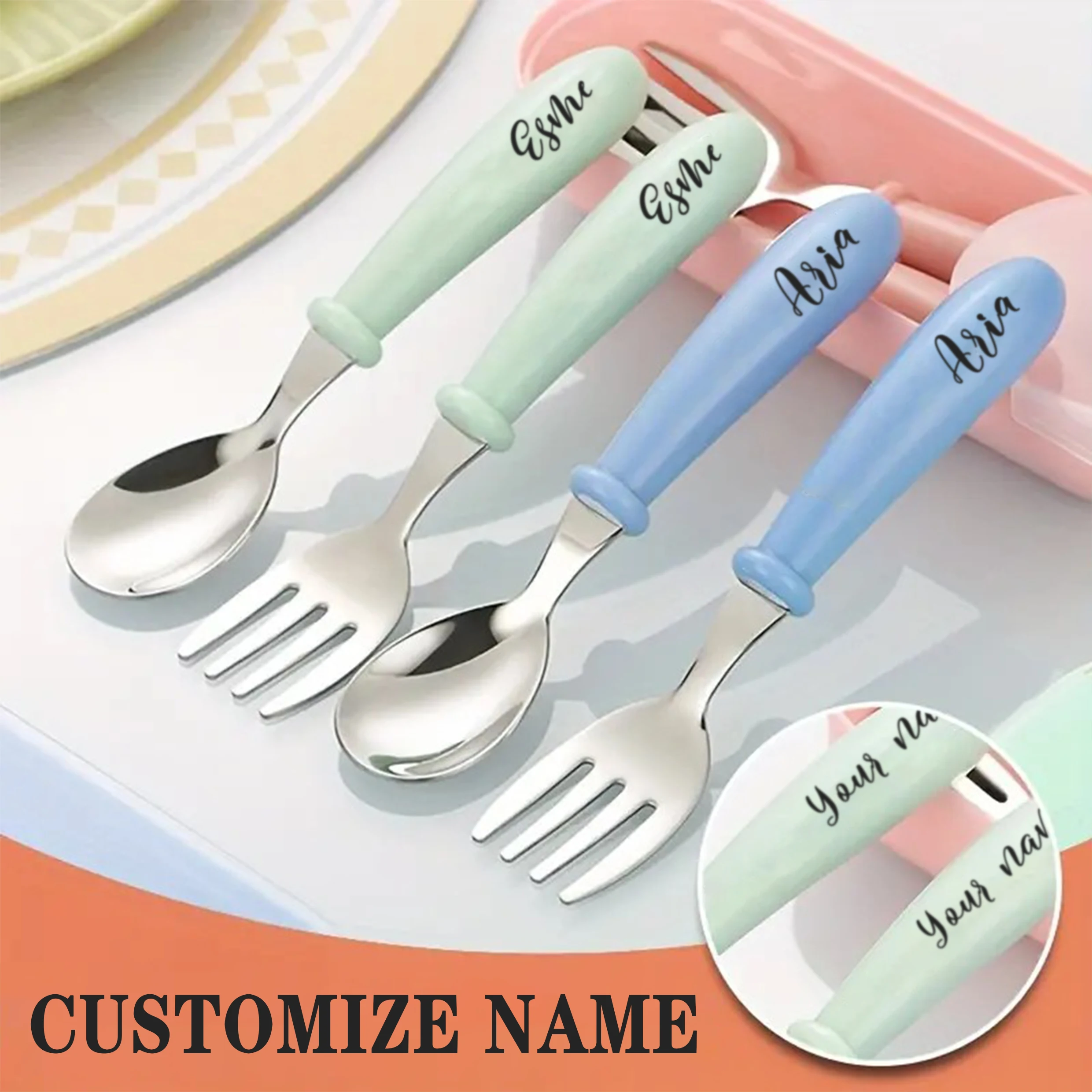 2pcs/set Personalized Custom Name Kids Cutlery Stainless Steel Spoon Fork Ceramic Handle Toddler Feeding Baptism Baby Gift