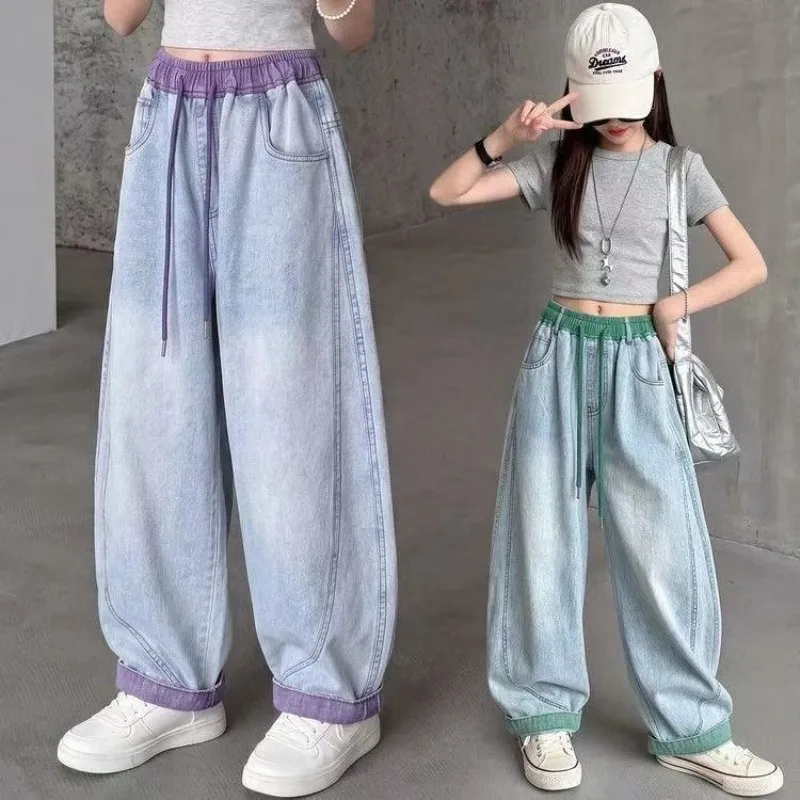 UNITIM 4-14 Jahre Mädchen-Jeans, Sommer, dünn, atmungsaktiv, für Kinder, Mädchen, Denim-Hose, lässig, gespleißt, für Junior-Mädchen, Hose mit weitem Bein – Detail 1