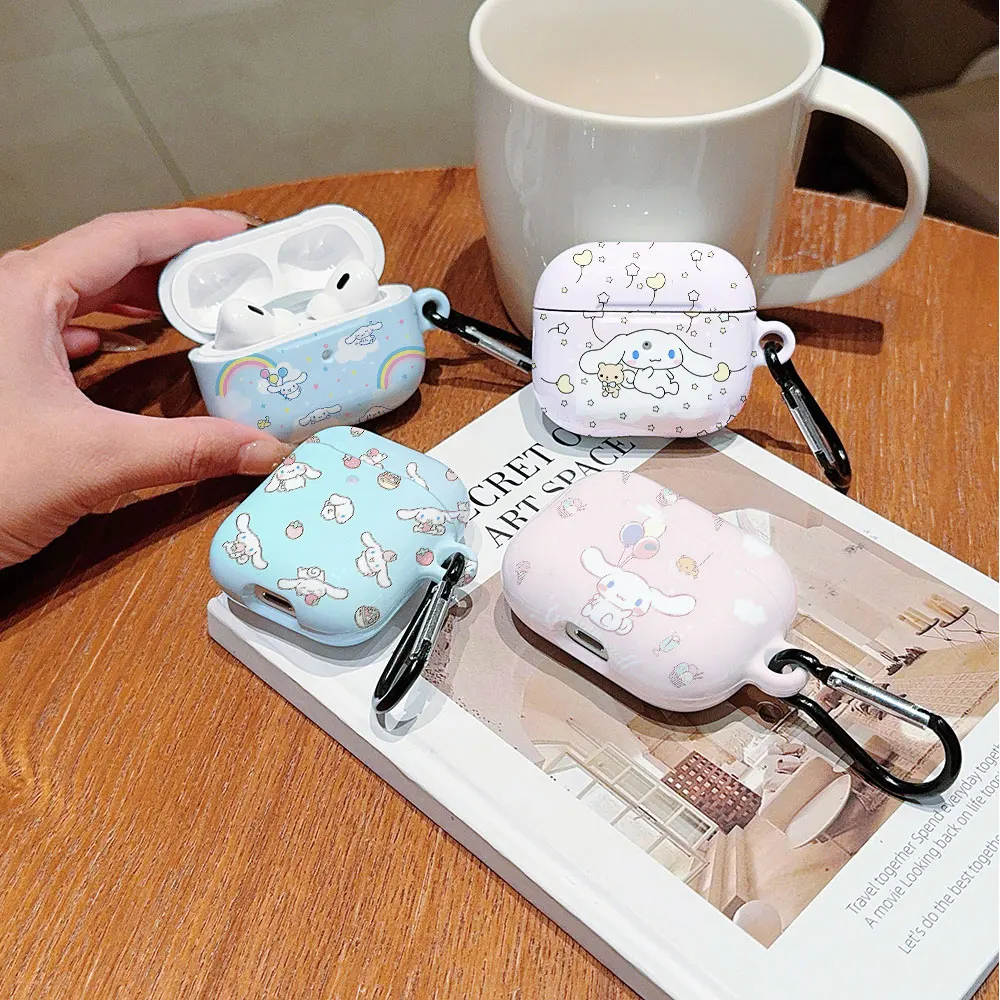 Cute Anime Cinnamoroll Shockproof Protective Glossy HD Hard PC Cover Case For AirPods Earphone 1 2 3 Pro Pro2 With Metal Hook