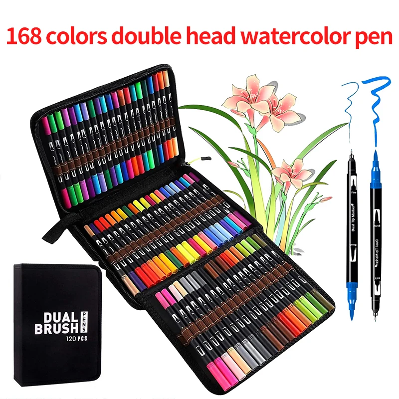 60/72/100/120/144/168 Colors Professional Double Head Water color Brush Pen Art Markers Drawing Sketch Brush Marker Pens