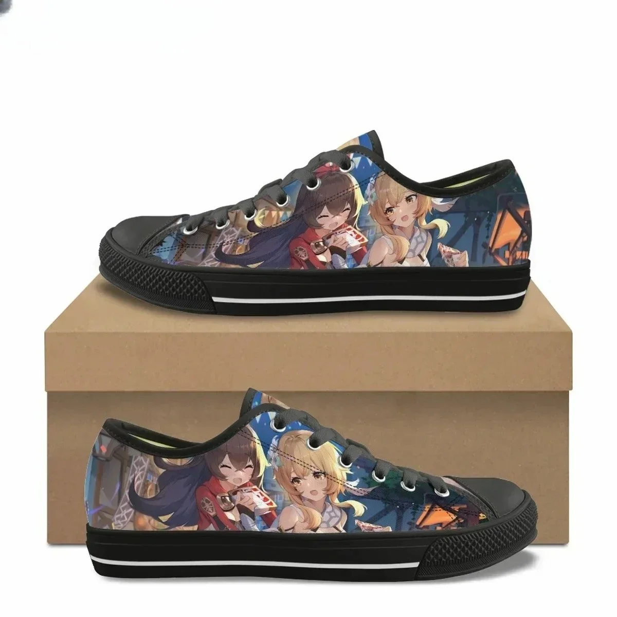 Genshin Impact Print Design Ladies Casual Flat Shoes Anime Design Classic Low Top Canvas Shoes Comfortable Sneaker