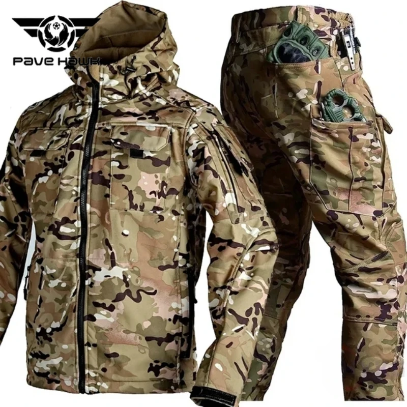 Outdoor SoftShell Tactical Set Men Shark Skin Waterproof Jacket Multi-pocket Wear-resisting Pant Fleece Windproof Warm Camo Sets