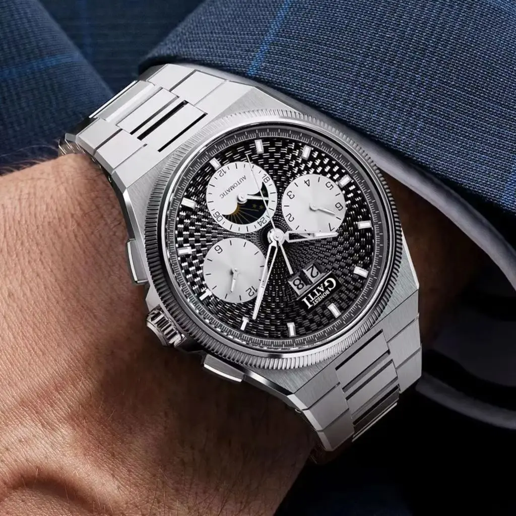 BONEST GATTI Men Automatic Watch 42mm Mechanical Wristwatch Waterproof Sapphire Luminous Multi-Dial Month Week Date Sun-Moon