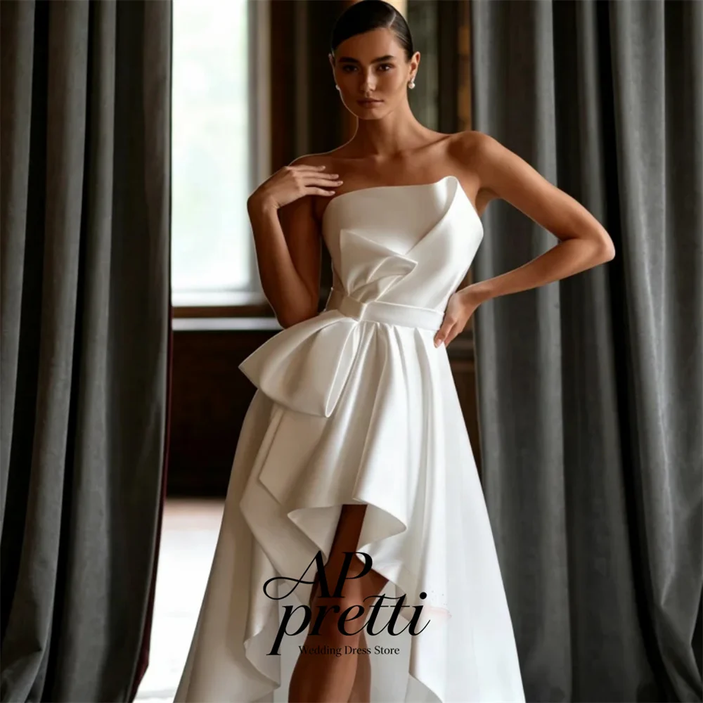 AP pretti Customized Elegant Strapless Large Bow Bridal Gown Satin High‑Low Wedding Dresses For Woman Party Dress Lawn Wedding