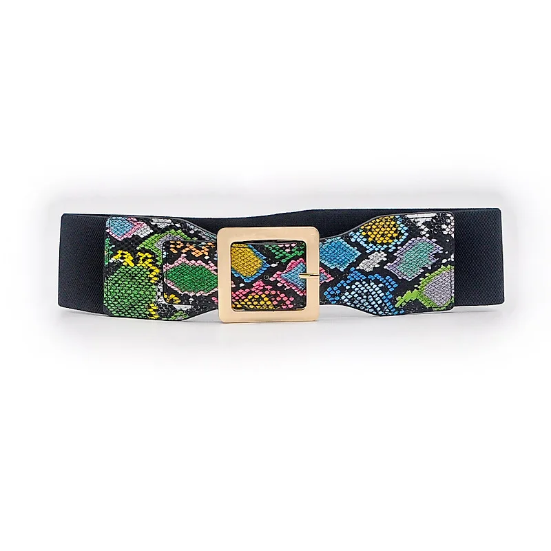 Multicolor Snakeskin Print Elastic Wide Waist Belt For Women Gold Square Buckle Stretch Waistband For Dress Coat Daily Party Fas