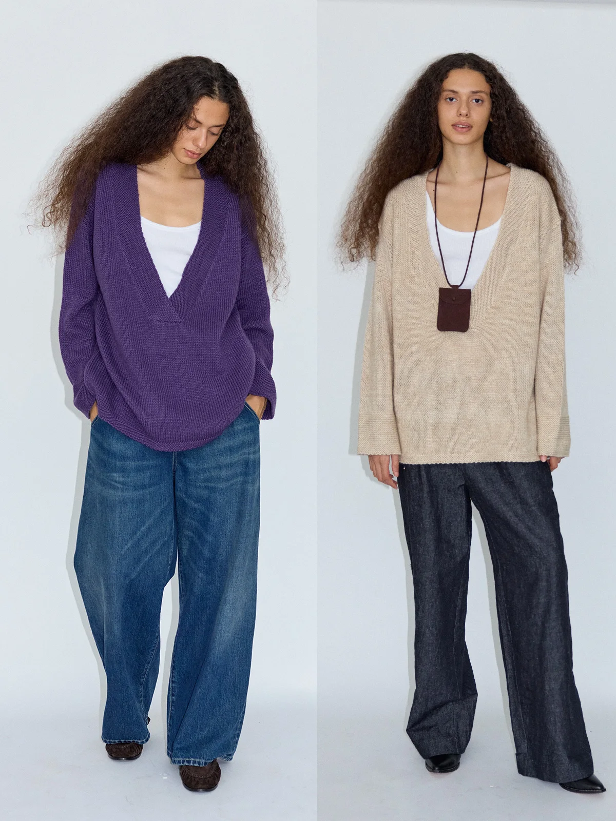 

Loose Fit Wool Blend Knitted V-Ne Sweater Deep V-Ne Wide Ne Opening Long Sve Crew Ne Pullover Spring Faion Ladies