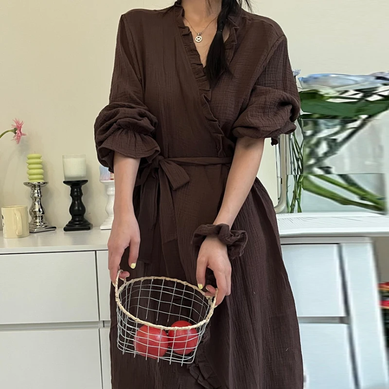 Robes Women V-neck Ruffles 4 Colors Fashion Sexy Sleepwear Simple Sleepwear Midi Nightdress Bathrobe Comfortable Homewear Ins