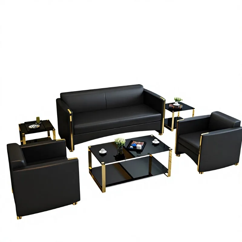 Modern Luxury Office Sofa Set Gold Stainless Steel Metal Frame Leather Executive Seating for CEO Room Reception Lobby Business