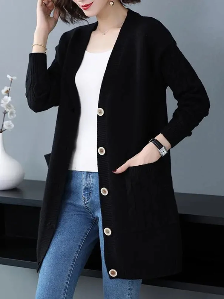 Spring Fall Women Knitted Cardigan V-neck Mid-length Korean Sweater Oversize 4xl Elegant Tops Coats Casual Knitewear Outwear