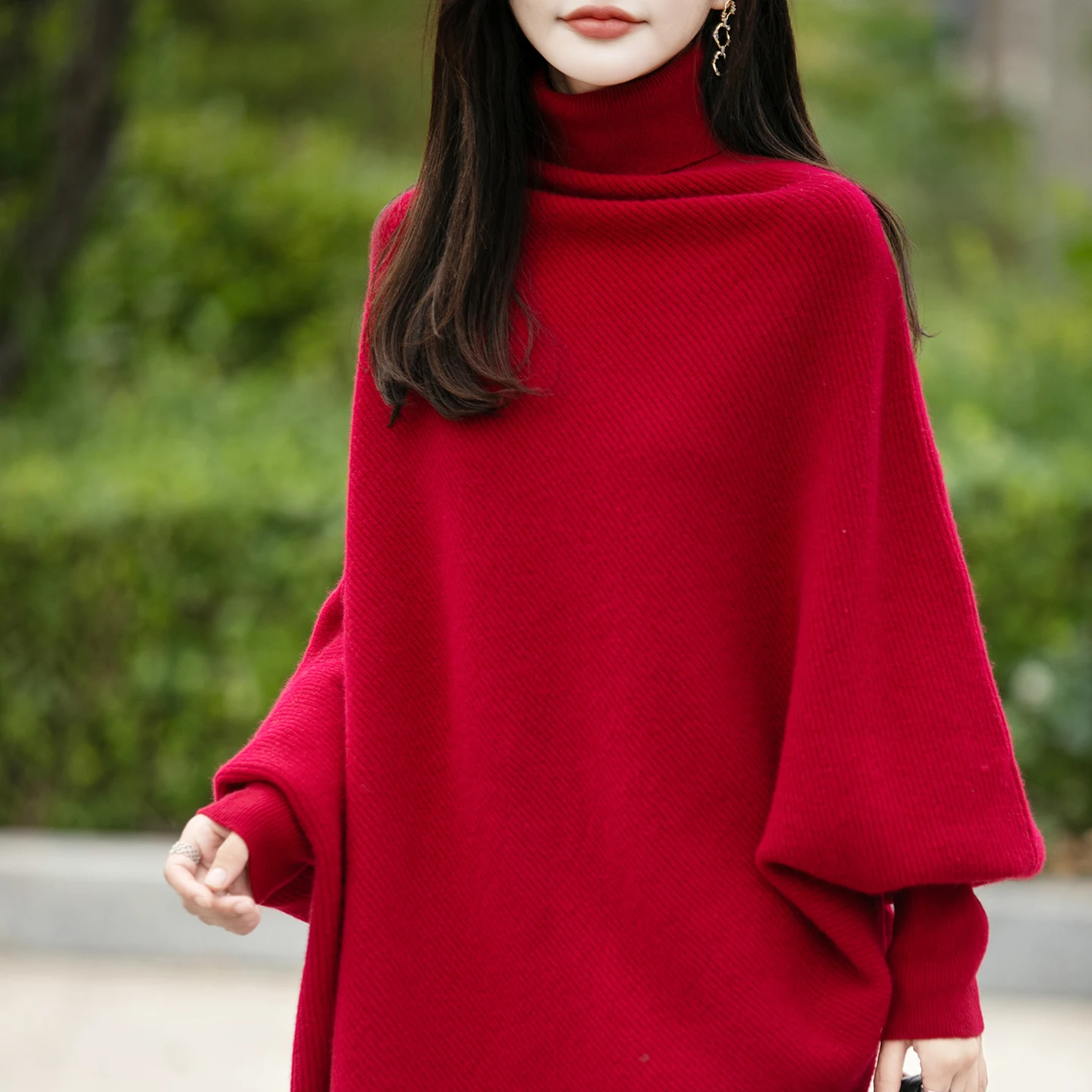 Fall/Winter 100% Pure Wool Women's Turtleneck Knitted Loose Sweater Cloak Padded Shawl Top
