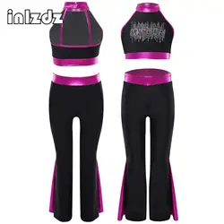 2Pcs Girls Halter Sleeveless Metallic Crop Top with Flared Pants Outfits for Hip Hop Moden Jazz Dance Stage Performance Costume