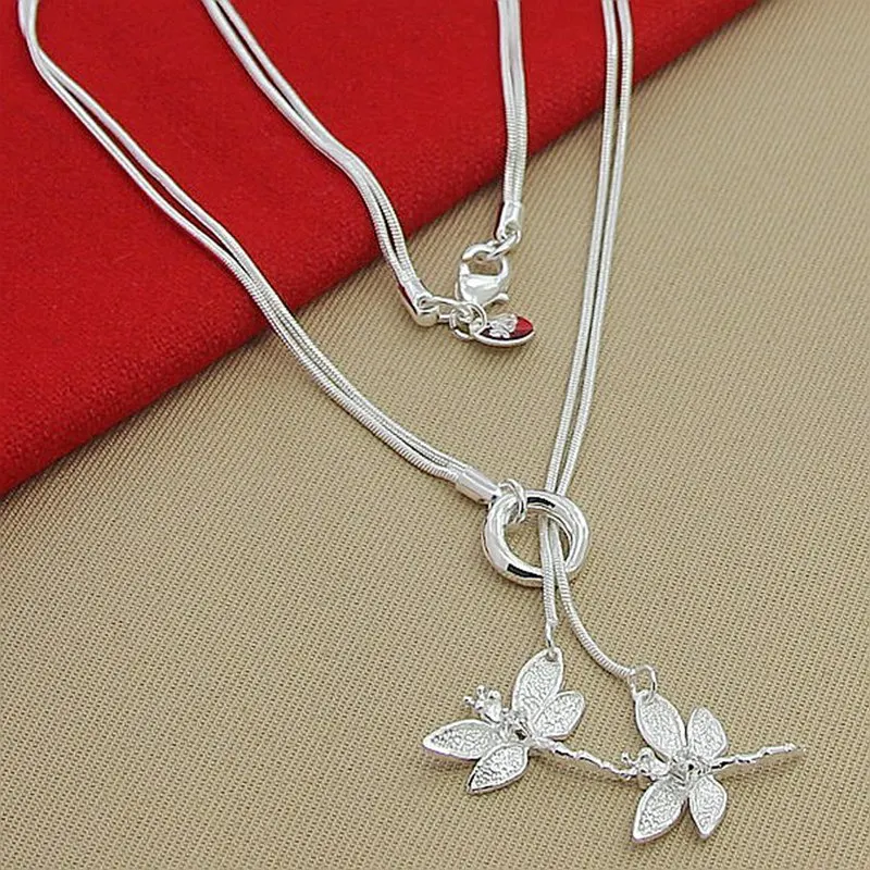 925 Sterling Silver Two Dragonfly Pendant Necklace For Women Snake Chain Necklace Wedding Engagement Jewelry