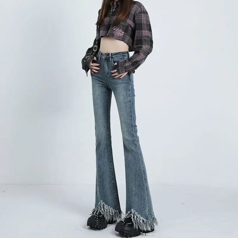 Retro Blue High Waisted Fringed Micro Flared Jeans for Women's New Style with a Sharp Edge Design That Makes Them Look Slimmer