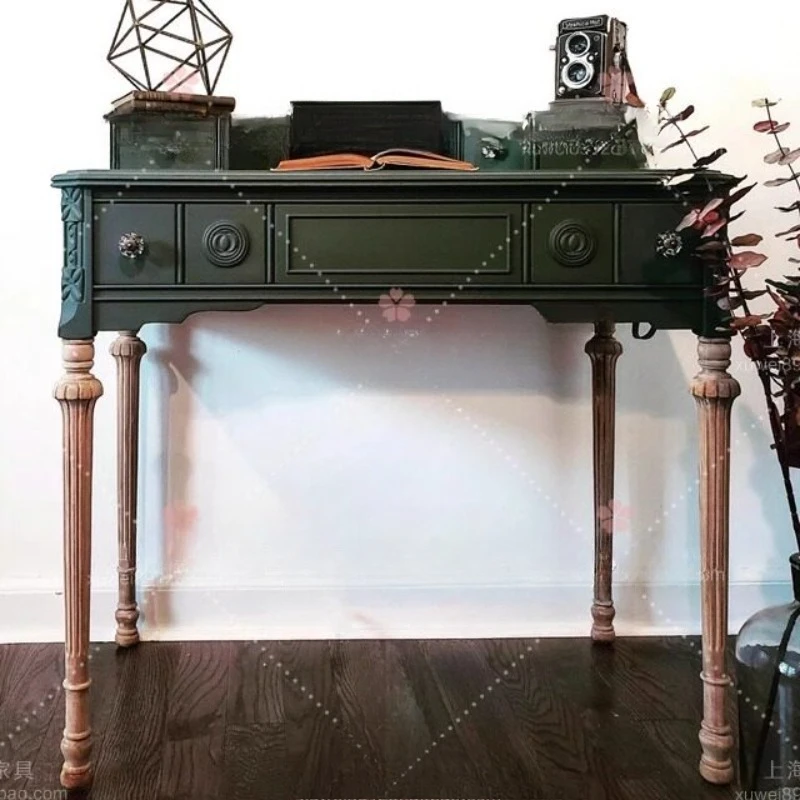 French retro solid wood desk with drawers, American medieval style office desk computer desk