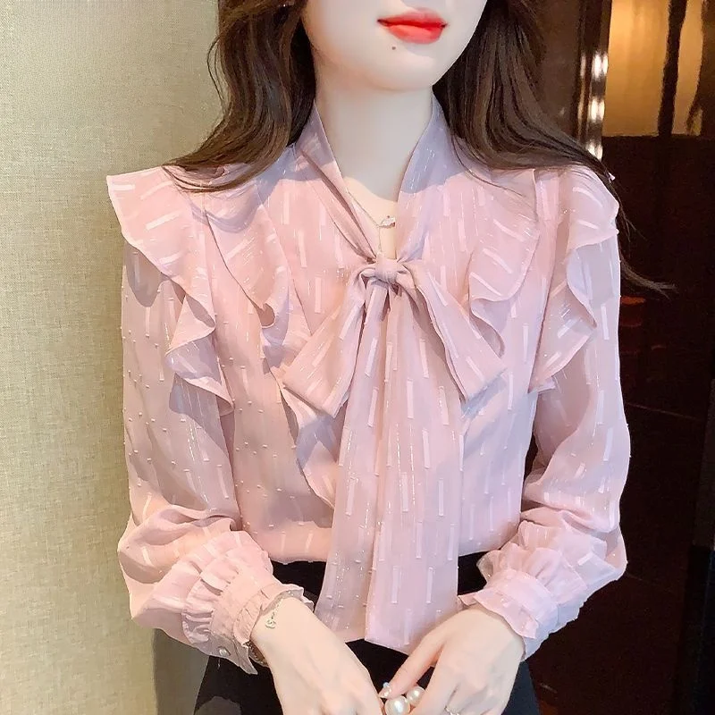 Chemise longue en mousseline de soie à nœud pour femme, couche de base, haut élégant pour la saison automne 2025