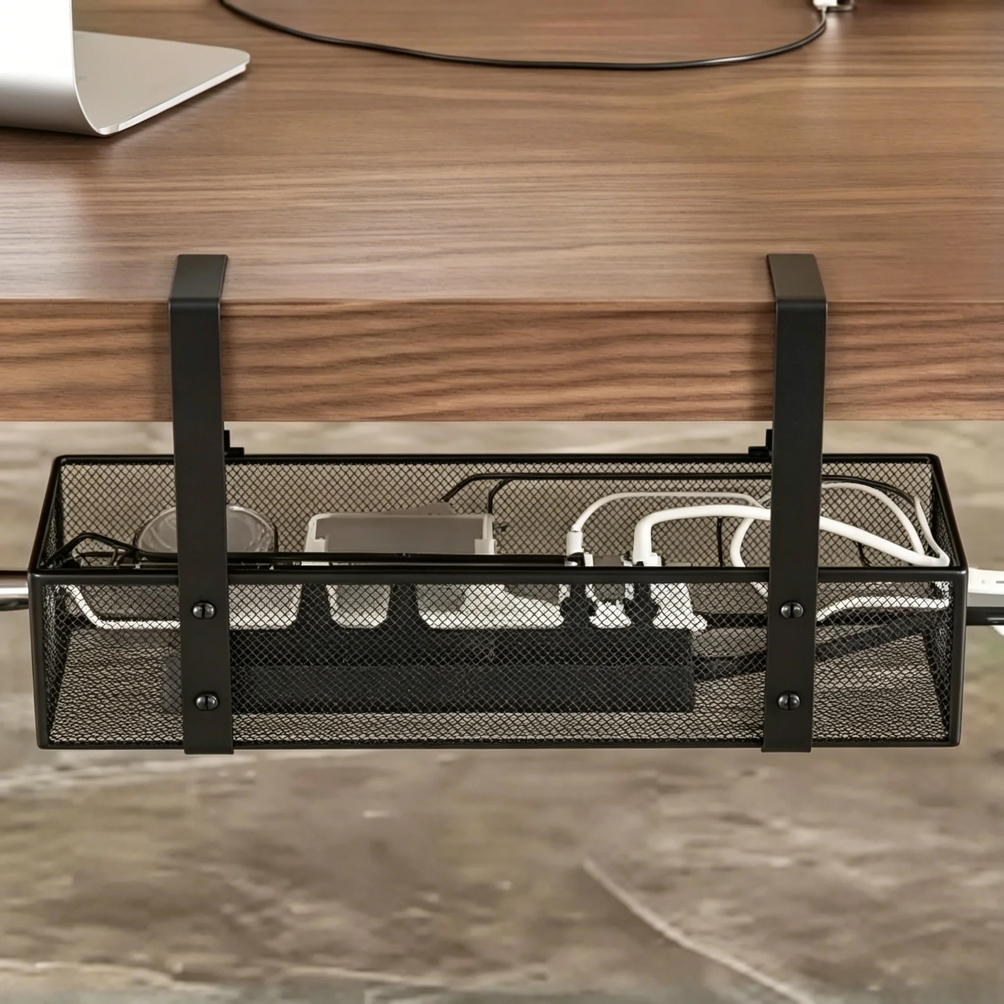 Under Desk Cable Management Tray, Black 1 Pack, Thin Steel Cord Organizer, No Drill Clamp Mount, Wire Management for Office Desk view 2