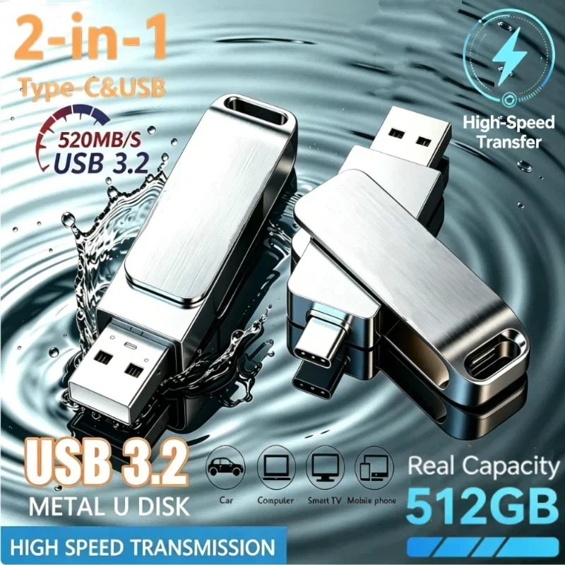 Pen Drive USB 3.2 2 em 1 de 512GB, Alta Velocidade, Metal, à Prova d'Água, Tipo C, para Transferência de Dados em Telefone, PC e Laptop 2026